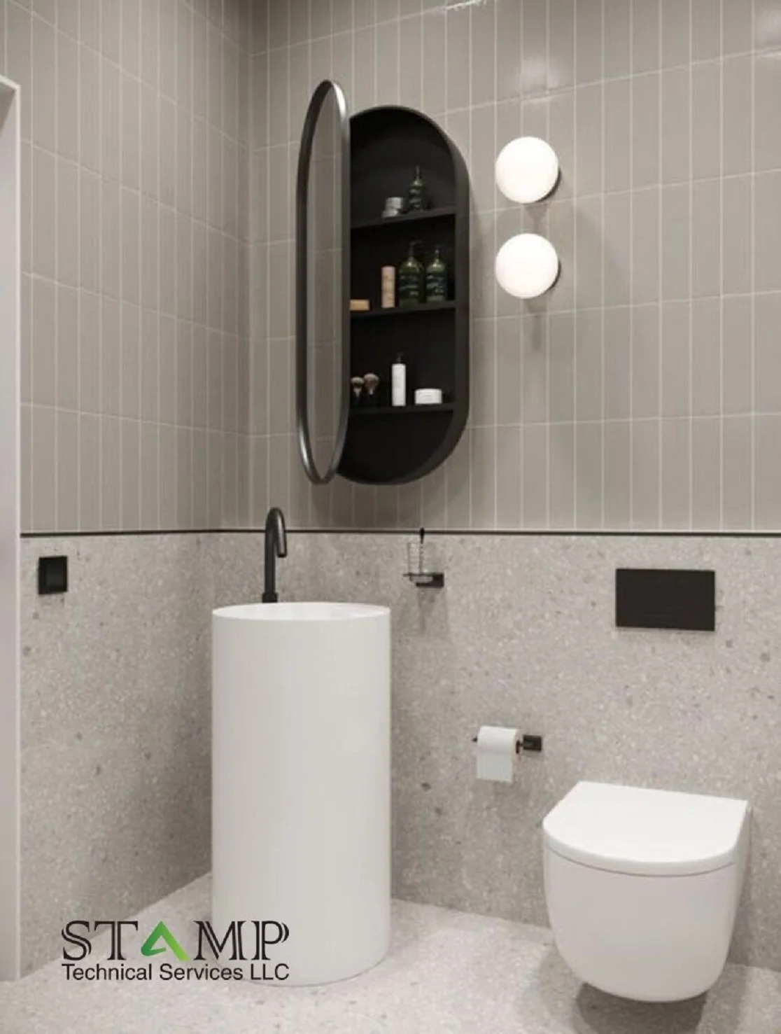 Terrazzo bathroom with illuminated organic mirror and pedestal basin