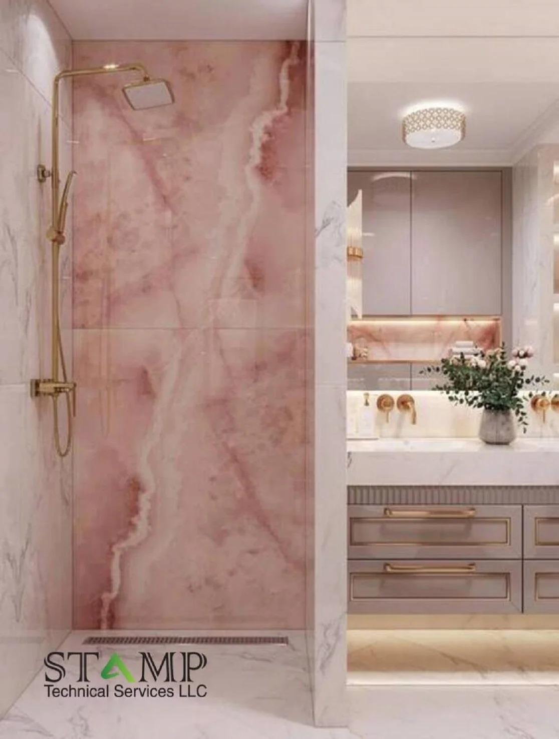 Marble bathroom with orange lit niche and brass fixtures