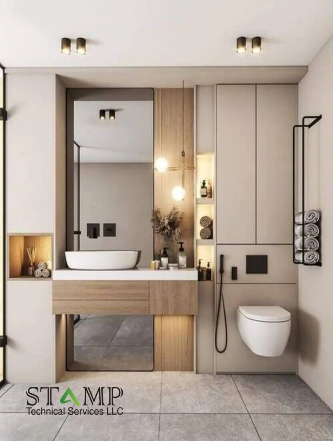 Beige bathroom with double glass shower and rain head