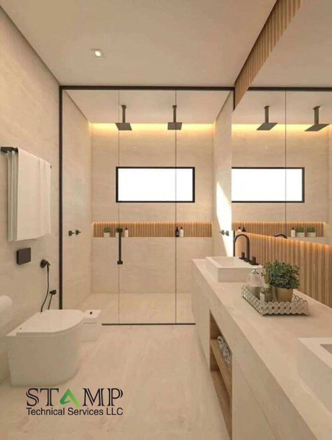 Grey bathroom with freestanding oval tub and black framed glass