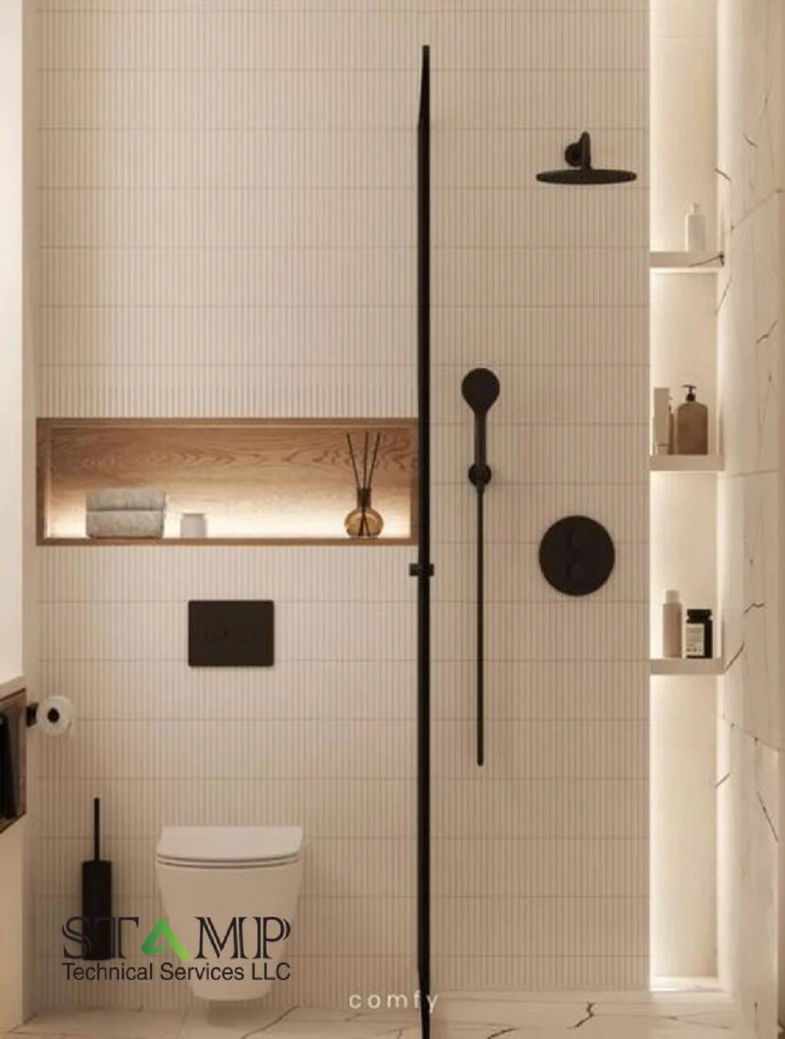 Beige double glass shower with black rain head and niche