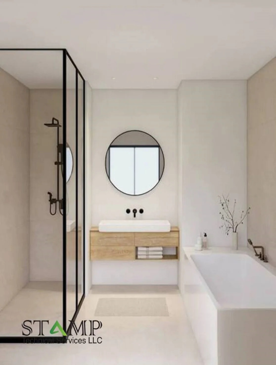 Pink marble shower with brass fixtures and vanity