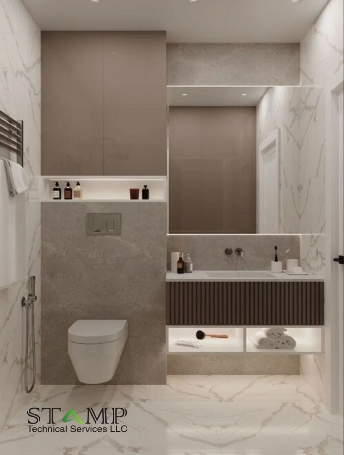 Grey bathroom with freestanding oval tub and black framed glass