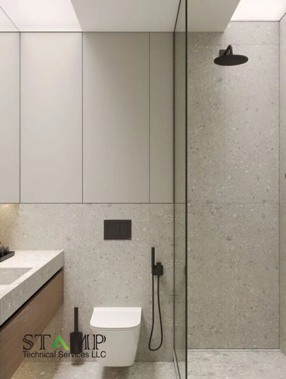Terrazzo bathroom with wall-hung WC and black framed glass shower