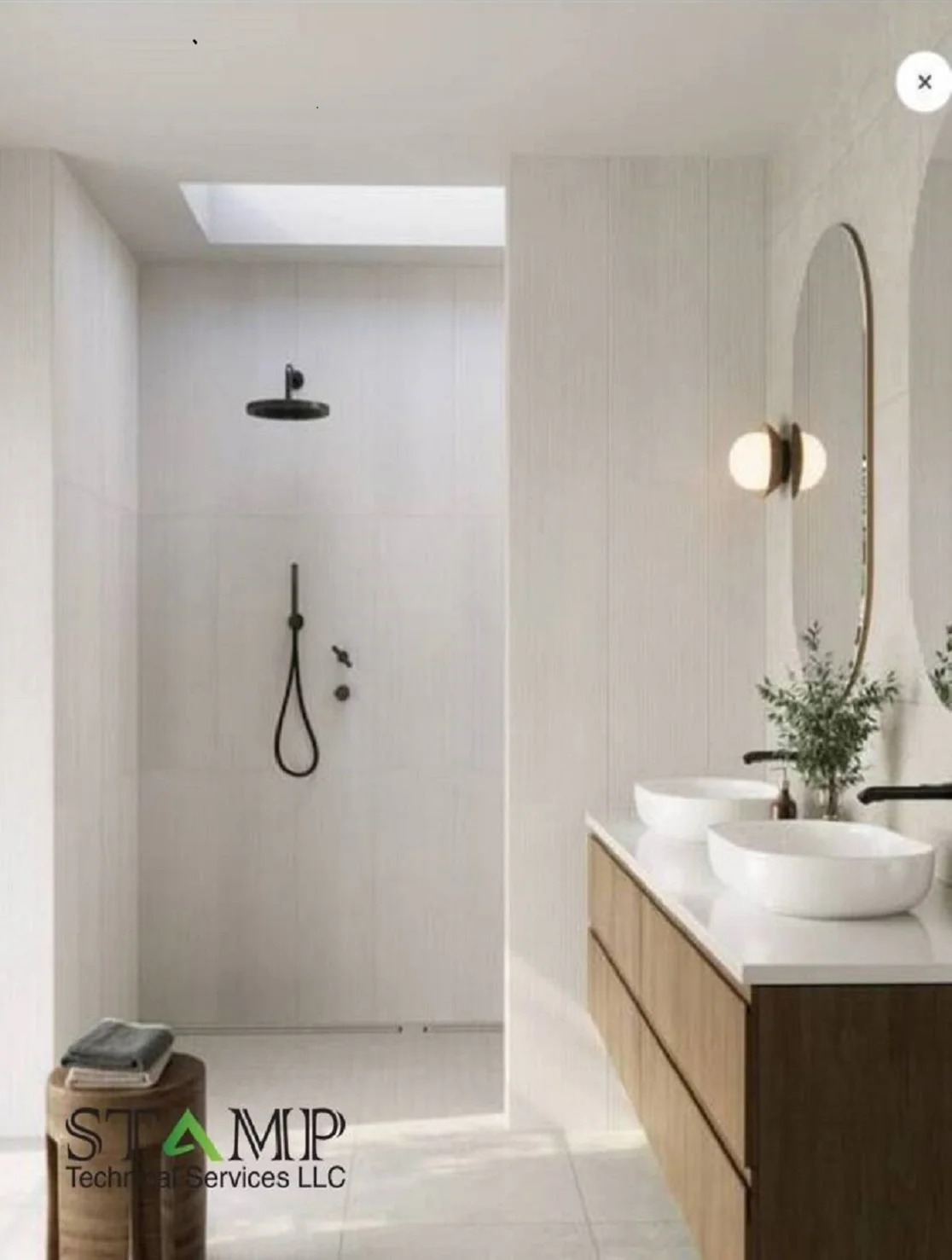 Double vessel vanity with skylight and black rain shower