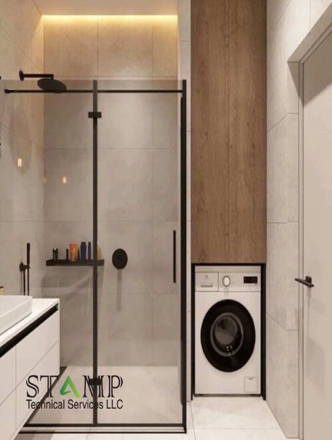 Black framed glass shower with built-in washing machine and wood cabinet