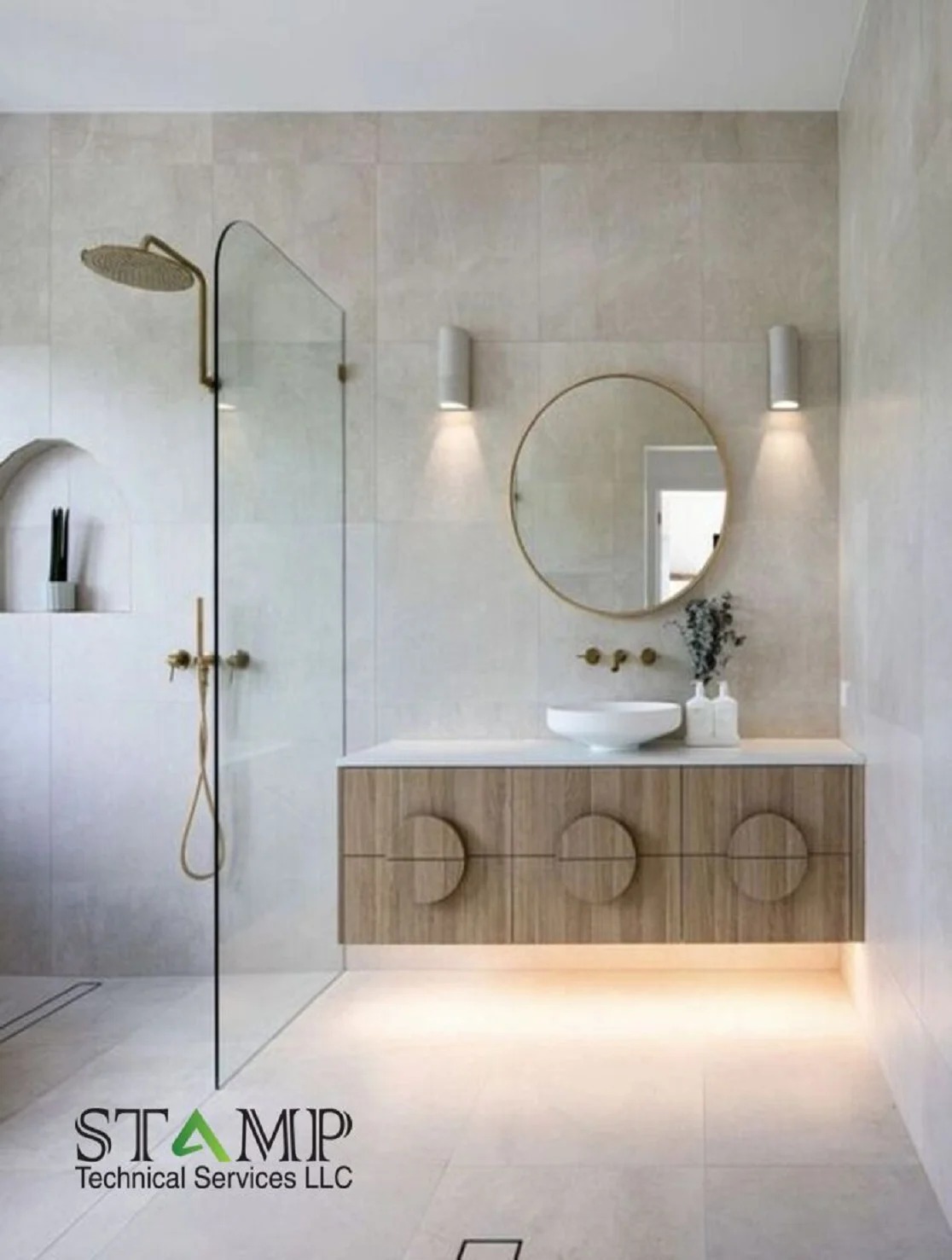 Narrow bathroom with oval mirror, grid tiles, wood vanity and wall-hung WC