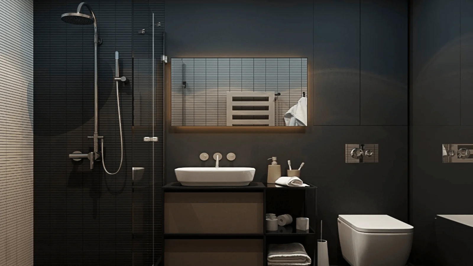 Dark bathroom with vessel sink on vanity, backlit mirror and glass shower