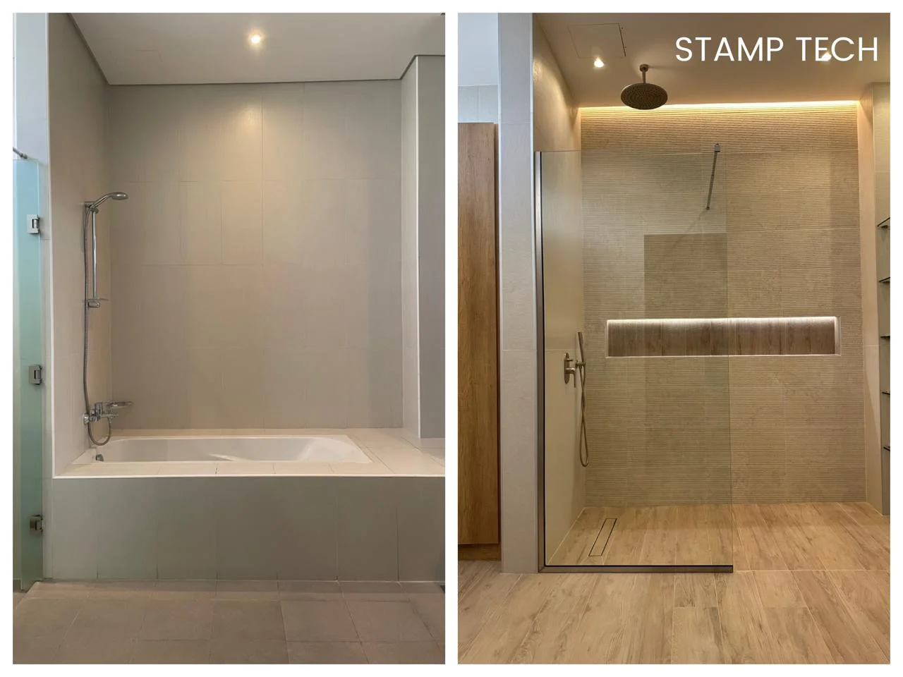 Before and after bathtub to shower conversion - tiled tub on left, glass shower on right