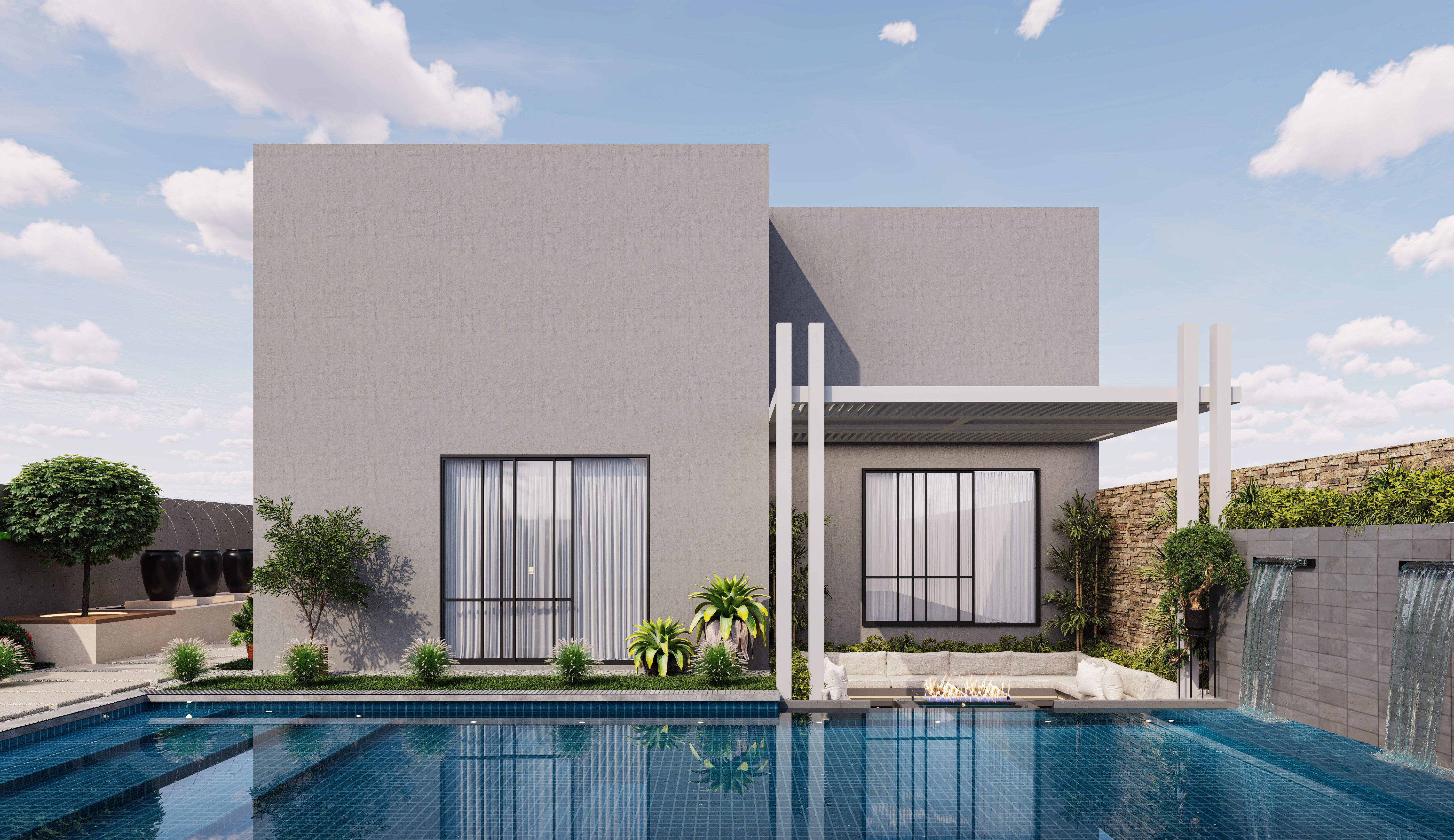 Villa extension in Dubai - modern grey villa with pool and waterfall