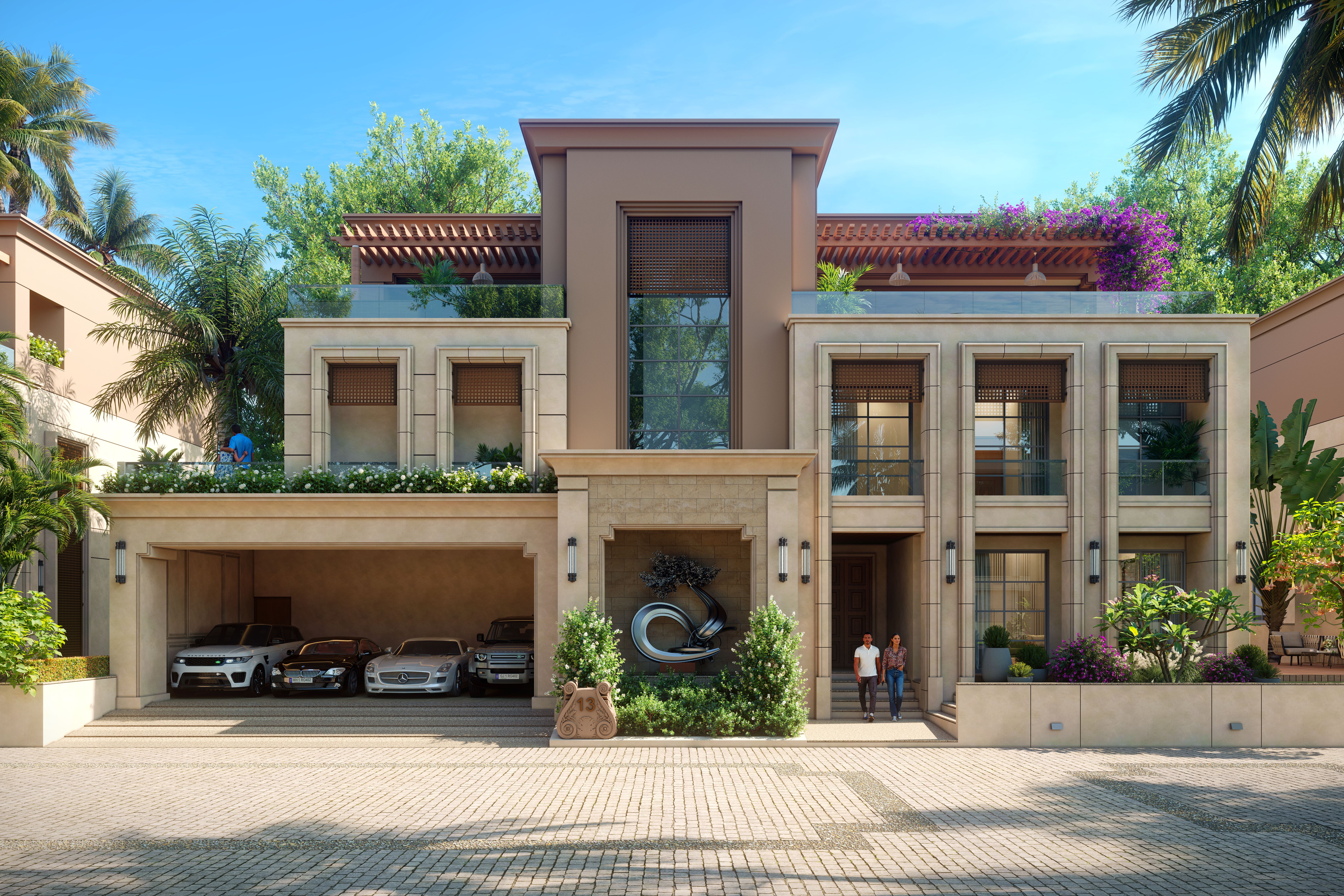 Villa extension in Dubai - luxury beige villa with 4-car garage and central sculpture