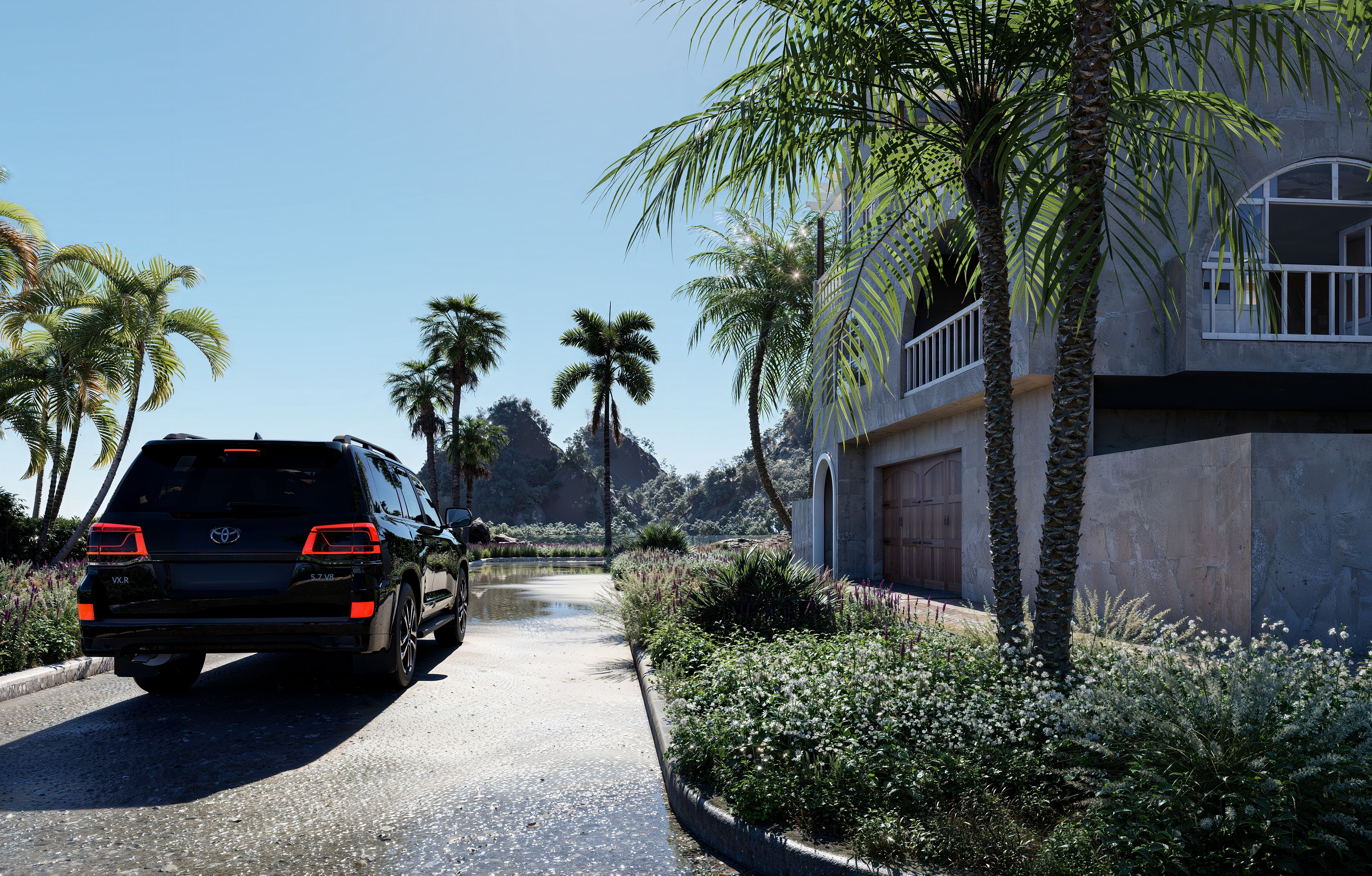 Villa extension in Dubai - palm-lined driveway with black SUV and modern villa